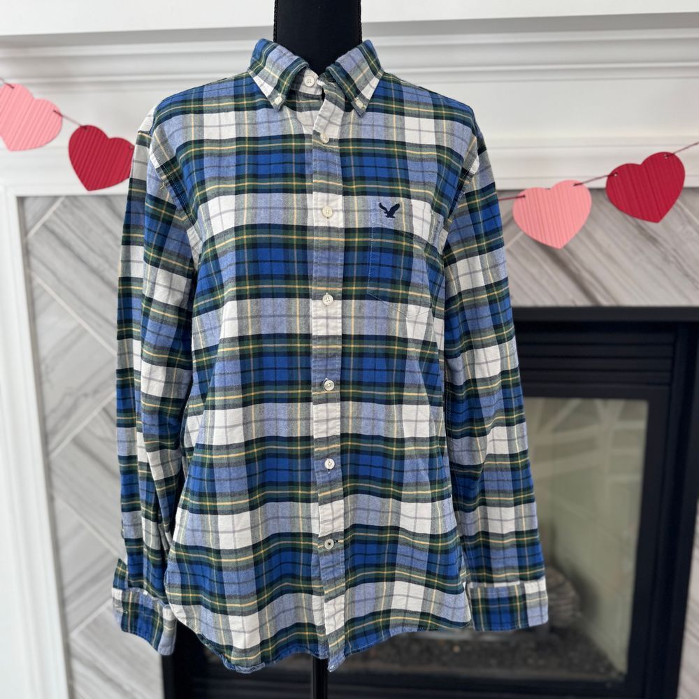 American Eagle Classic‎ Fit Blue & Green Plaid Button-Down Flannel Shirt M/M